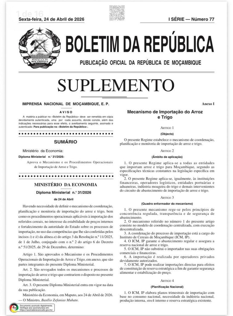 Aprovado e Publicado o Mecanismo e os Procedimentos Operacionais para a Importação de Arroz e Trigo em Moçambique através do Diploma Ministerial  No. 31/2026 de 24 de Abril